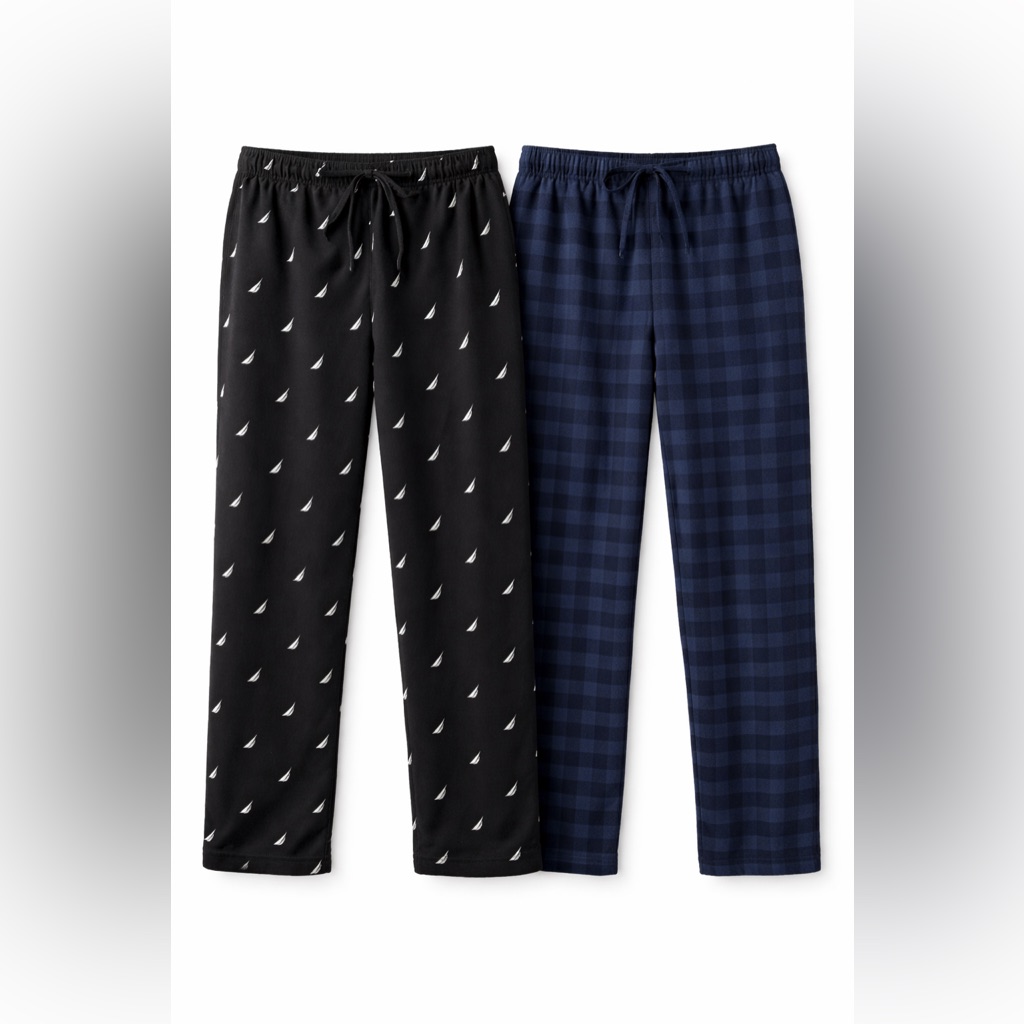 Nautica Men’s Fleece Sleep Pants 2-Pack Black Sailboat Navy Plaid Size M Pajamas